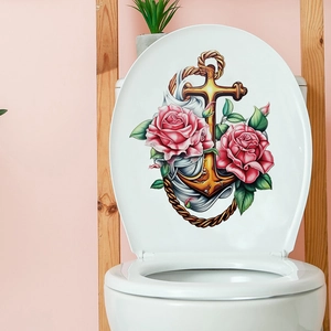 Blumen-Anker Wandtattoo für Badezimmer mit rosa Rosen und goldenem Anker-Design