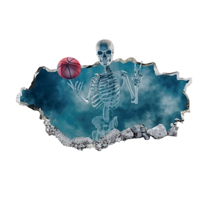 Sticker mural 3D squelette et basket effet mur cassé pour décor de chambre