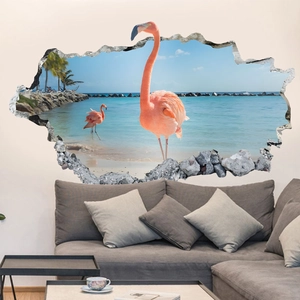 3D broken wall sticker featuring pink flamingos and tropical beach scene on living room wall