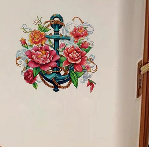 Detail of nautical wall sticker with vintage anchor, red peonies and golden ropes