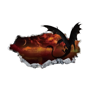 3D dragon wall sticker breaking through wall with fantasy landscape for home decor