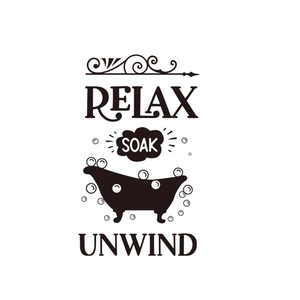 Minimalist black and white bathroom wall sticker featuring tub and relax soak unwind text