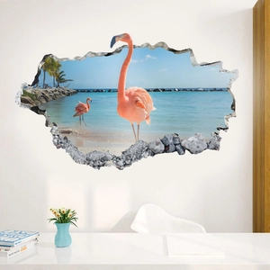 3D broken wall sticker featuring a pink flamingo on a tropical beach landscape view