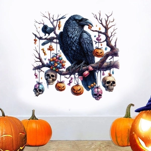 Halloween wall sticker with watercolor black crow, orange pumpkins and skull on white wall