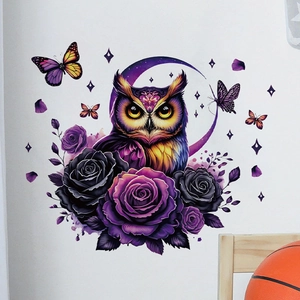 Detail of artistic owl wall sticker with purple roses, butterflies and golden accents