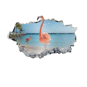 3D pink flamingo wall sticker with tropical beach scene and broken wall effect