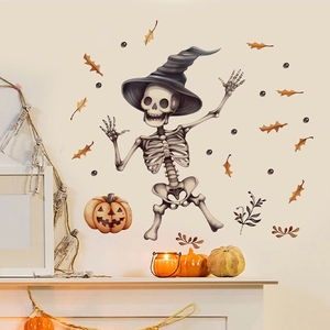 Halloween Skeleton Witch Hat Pumpkin Wall Sticker PVC Self-Adhesive Removable Decal For Living Room Bedroom Home Decor