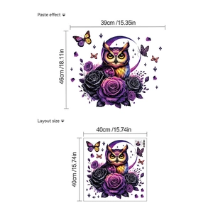 Detail of owl and rose wall sticker with layout size and paste effect measurements