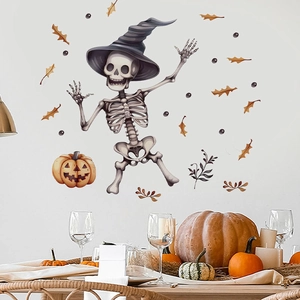 Halloween wall sticker set featuring a cartoon skeleton with wizard hat and pumpkins