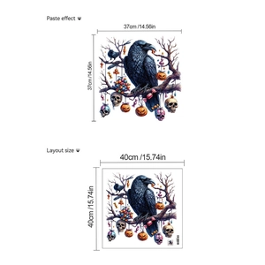 Detail showing Halloween wall sticker layout with raven, pumpkin and skull dimensions