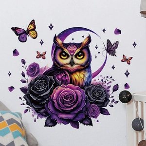 Detail of owl wall decal with purple roses and butterflies on a white living room wall