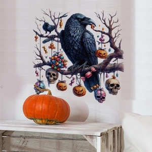 Detail of Halloween crow wall sticker featuring realistic pumpkins and skulls on branches
