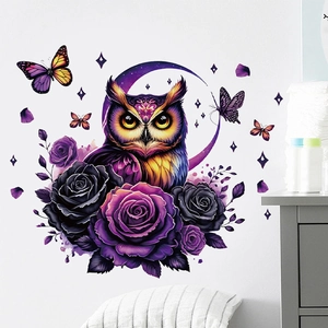 Detail of owl and purple rose wall sticker on a white wall for home decoration