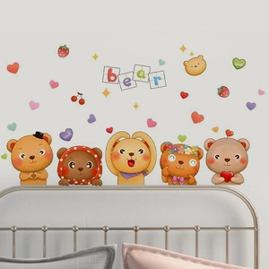 Cartoon animal wall stickers with cute bears and strawberry motifs for bedroom decor