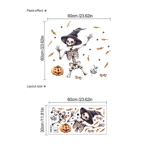 Halloween wall sticker featuring skull with wizard hat, pumpkins, and autumn leaves