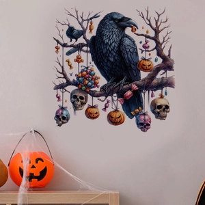 Detail of Halloween crow wall sticker with pumpkin and skull on beige wall background