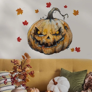 Halloween Jack-O-Lantern wall decals with maple leaves in a cozy living room scene
