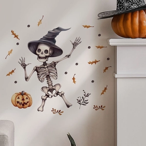 Halloween wall sticker set featuring a cartoon skeleton with wizard hat and pumpkins