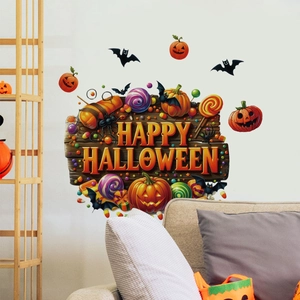 Halloween wall stickers with pumpkins, bats and Happy Halloween text on a living room wall