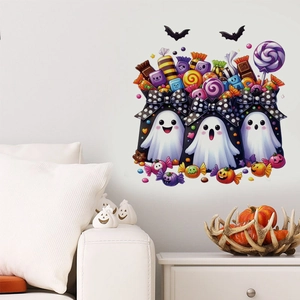 Halloween Ghost Wall Sticker Cute Cartoon Pumpkin Candy Bats Removable PVC Wall Decal For Living Room Bedroom Festive Decor