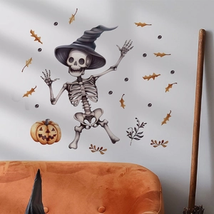 Halloween wall sticker set featuring dancing skeleton with wizard hat and pumpkin lamp detail
