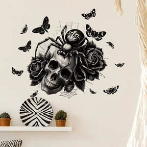 Gothic wall stickers with skull, spider, roses and moths for a dark decor style