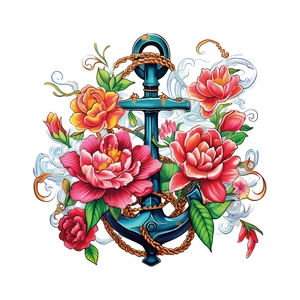 Floral nautical anchor wall decal with blooming flowers and rope for home decor