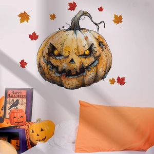 Halloween wall sticker detail featuring a cracked evil pumpkin and red maple leaves