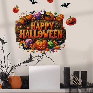Halloween wall stickers with Happy Halloween sign, pumpkins, bats and candies for decor