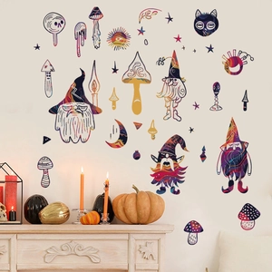 Detail view of Halloween gnome and mushroom wall stickers on white wall with festive decor