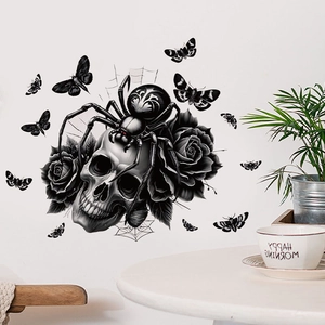 Gothic Halloween wall stickers featuring skulls, spiders, and black roses on white wall