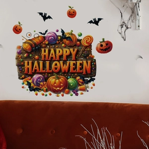 Detail of Happy Halloween wall stickers with pumpkins and bats on a white wall decor