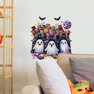 Cute Halloween cartoon ghost wall stickers with colorful candy bags and bats decoration