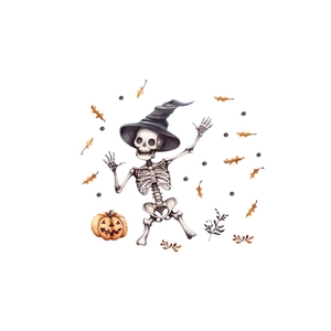 Halloween wall sticker featuring dancing skeleton with wizard hat and pumpkin lamp