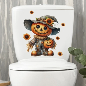 Detail of Halloween pumpkin scarecrow PVC wall sticker applied on a white surface