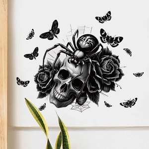 Gothic wall sticker detail with skull, spider, roses and moths for Halloween home decor