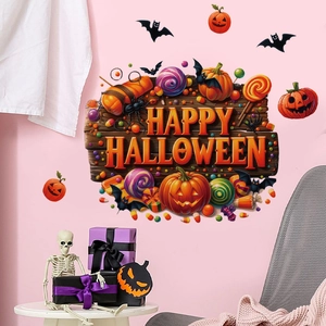 Close-up of Halloween wall sticker with Happy Halloween text and festive pumpkin motifs
