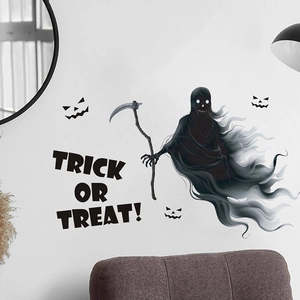 Detailed Halloween wall decal set with Grim Reaper, pumpkins, and Trick or Treat text