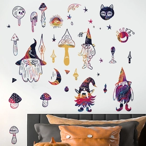 Psychedelic gnome and mushroom wall stickers shown decorating a modern bedroom wall