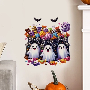 Detail of cute ghosts with candy bags on a Halloween wall sticker for home decor