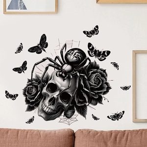 Gothic wall sticker featuring skull, black widow spider, and roses on a white wall