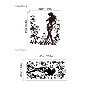 Sticker mural élégant silhouette de femme noire avec motifs floraux et décorations papillon