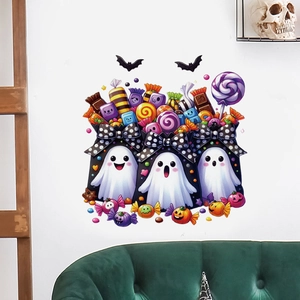 Detailed Halloween wall decal featuring cartoon ghosts and candies on a white home wall