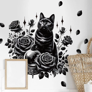 Gothic wall sticker detail featuring a black cat, dark roses, and a crystal ball on a wall
