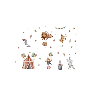 Watercolor circus animal wall decals with lion, elephant and seal for kids room