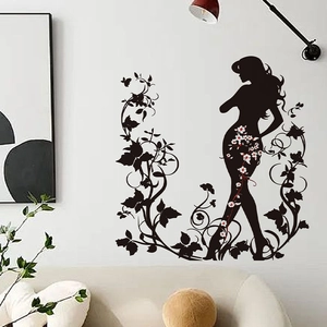 Élégant Sticker Mural Silhouette Femme Noire Design Papillon Floral Vigne Décalcomanie en PVC Auto-Adhésif Amovible Décor
