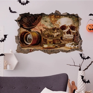 Adesivo murale 3D Halloween con teschio, globo vintage e bussola in un muro rotto
