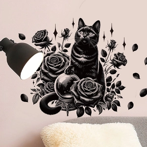 Detail of black cat and rose wall sticker on pink wall with crystal ball and star accents
