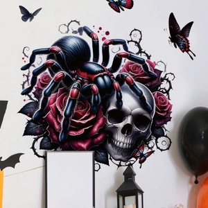 Adesivi murali gotici con ragno, teschio e rose rosse per decorazione di Halloween