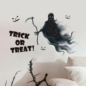 Grim Reaper and pumpkin wall decal with Trick or Treat slogan on a gray living room wall